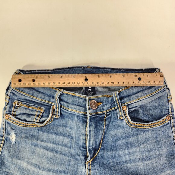 True Religion Casey Women 27 Mid Cut Off Blue Denim Jean Shorts Inseam 4" - Picture 6 of 12